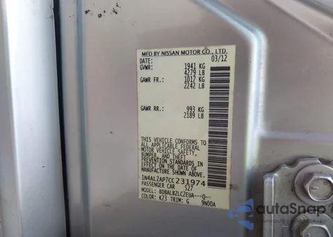 2012 Nissan Altima 2.5 S z USA, uszkodzony, nr VIN 1N4AL2AP7CC231974